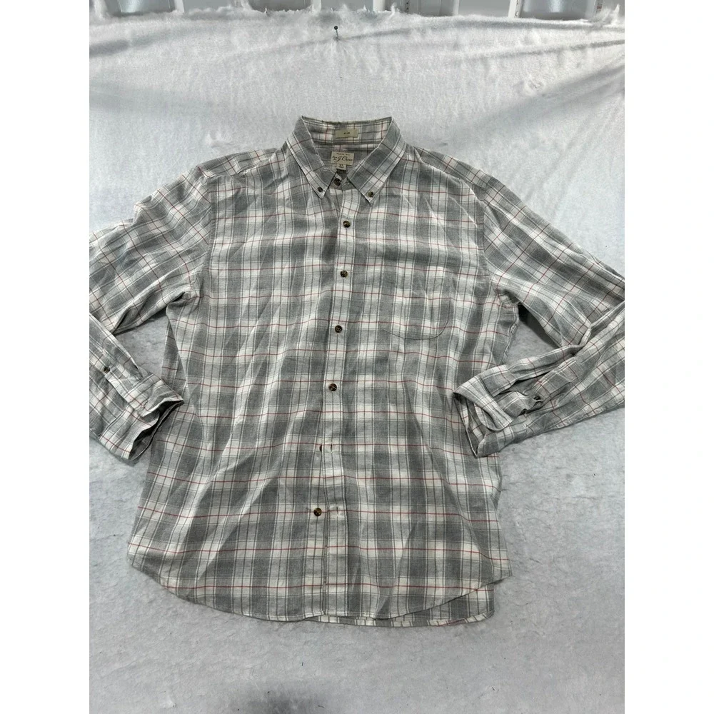 J. Crew Slim Brushed Twill Plaid Button Down Shirt Grey Red XL Mens Long Sleeve